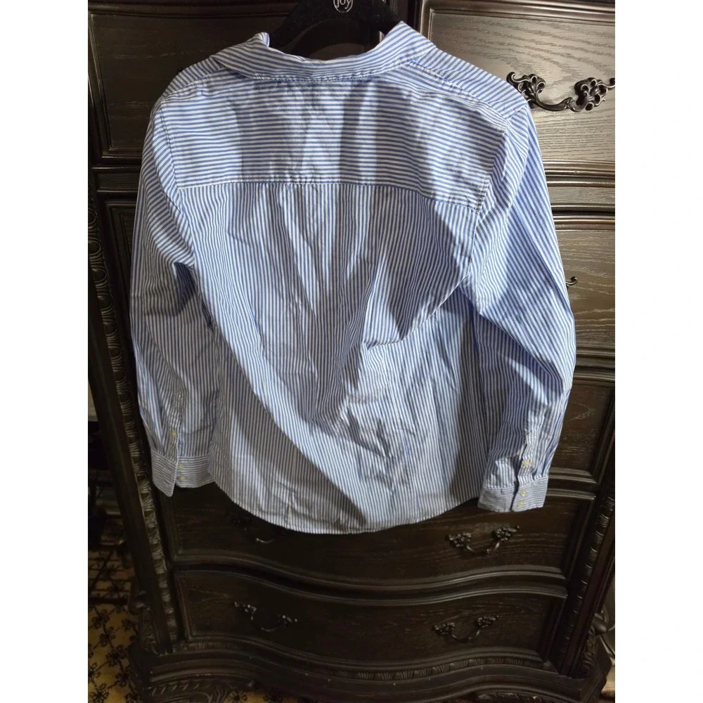 J.Crew Blue White Striped Bow Applique Cotton Blend Button Down Shirt CP808 S